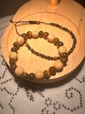 Tiger Eye and Wood Bead Bracelet - Women's Brown Adjustable Bracelet